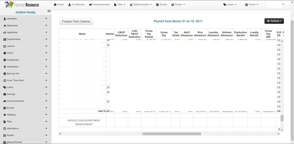 HRMS dashboard with payroll charts and employee tables